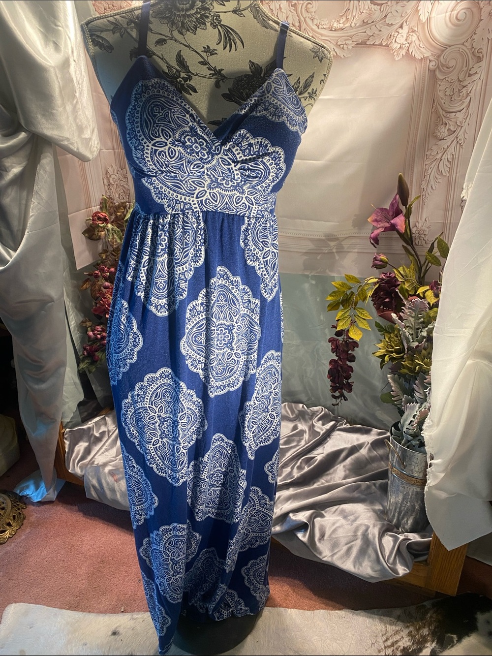 Blue Print Maxi Dress with Tie Waist